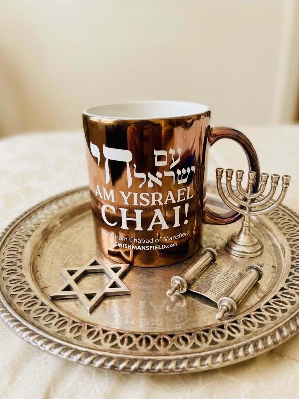 Judaica-metallic cooper ceramic mug-AM ISRAEL CHAI-support & inspirational cup